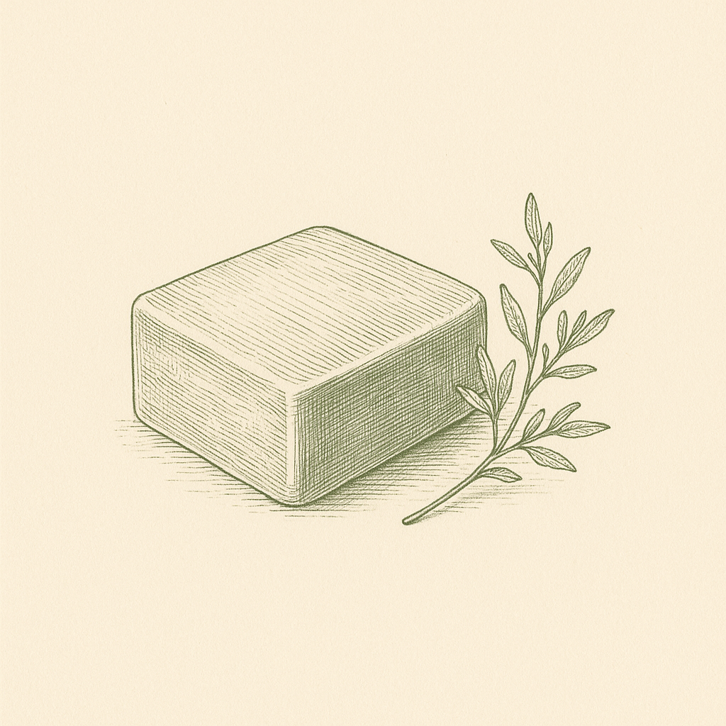 Engraving of a handmade soap bar and herb sprig
